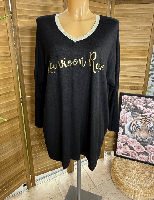 Top ample noir La Vie est Belle doré or du 42 au 52/54 