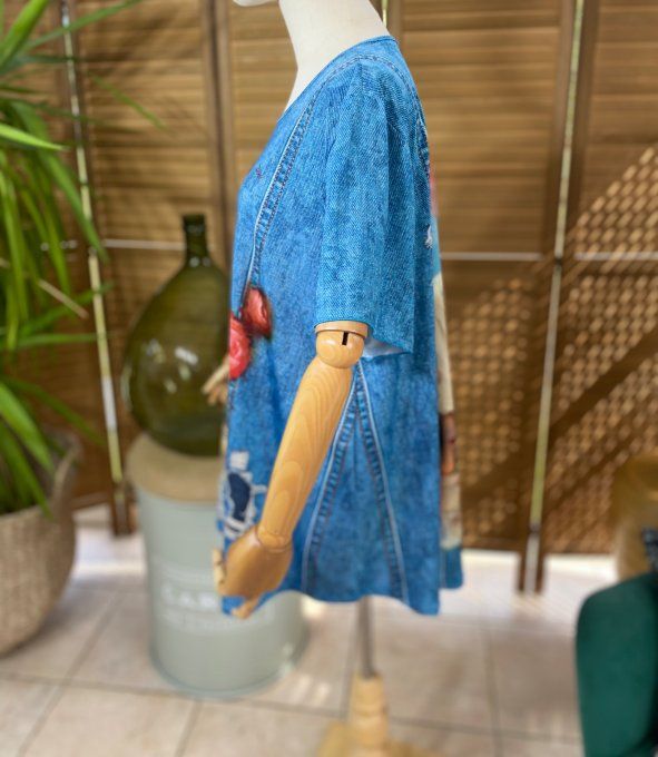 Top fluide trapèze effet jeans délavé La Fillette aux Roses du 38 au 50/52