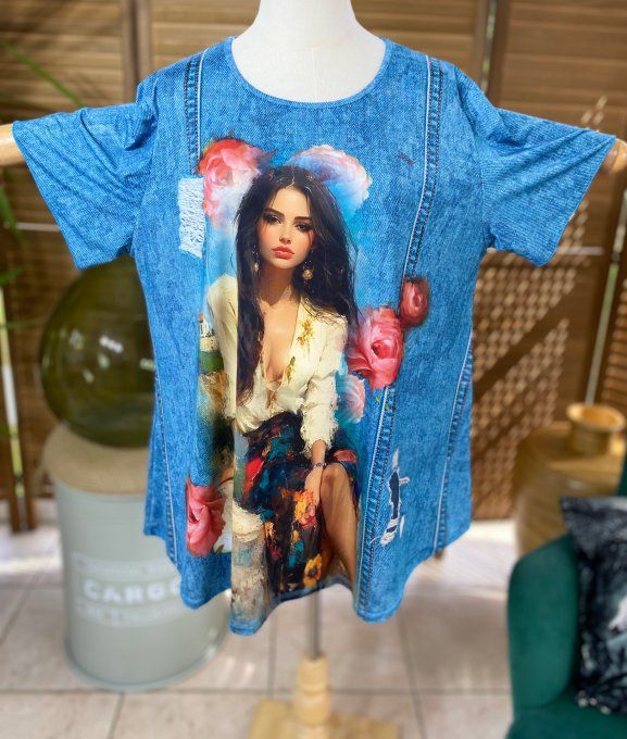 Top fluide trapèze effet jeans délavé La Fillette aux Roses du 38 au 50/52