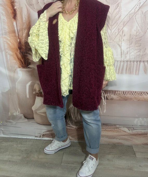 Gilet sans manches Bordeaux chiné  + broche Soleil du 42 au 52/54 et même +