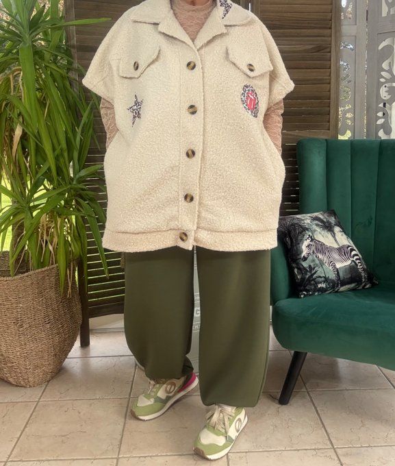 Blouson sans manches crème Patchs Léopard Rolling Stones du 40 au 52 et même +