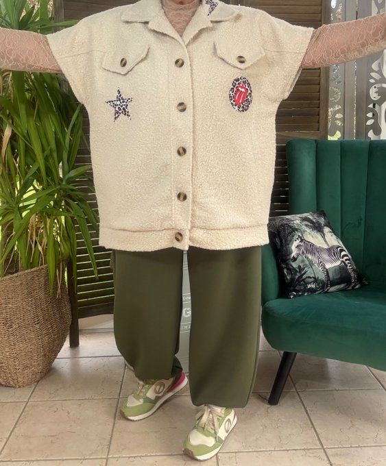Blouson sans manches crème Patchs Léopard Rolling Stones du 40 au 52 et même +