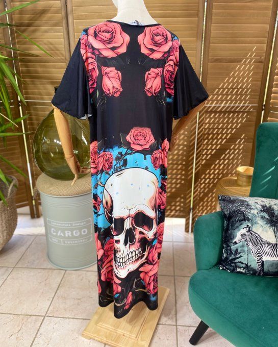 Robe longue noire Mexican Skulls & Roses du 38 au 50 