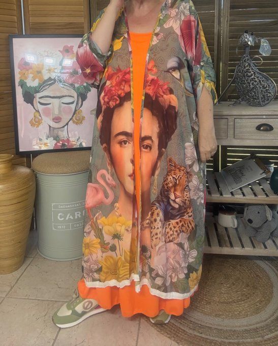 Kimono long voile kaki clair Frida Kahlo Savana Spirit du 40 au 50/52 et même +  