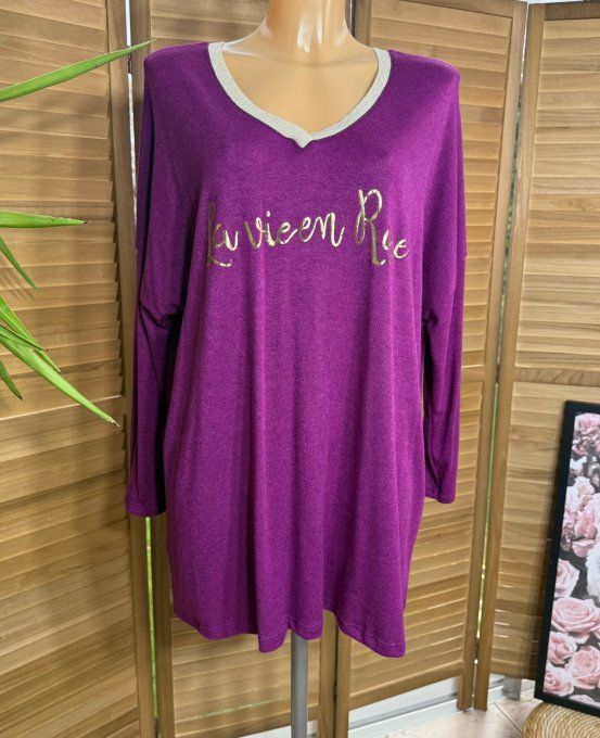 Top ample Aubergine La Vie est Belle doré or du 42 au 52/54  