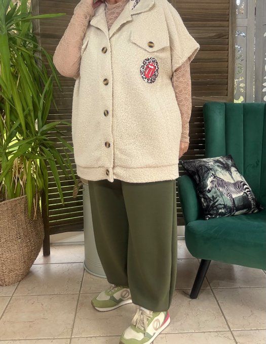 Blouson sans manches crème Patchs Léopard Rolling Stones du 40 au 52 et même +
