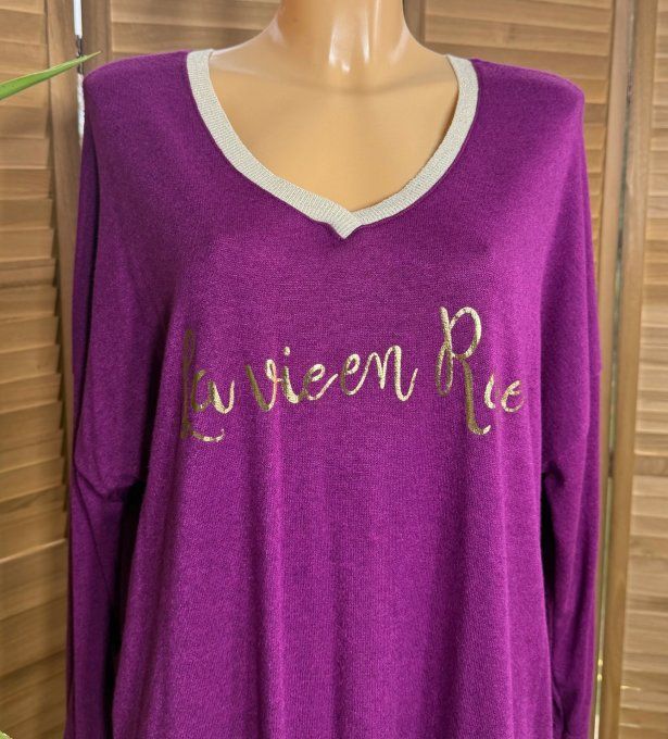 Top ample Aubergine La Vie est Belle doré or du 42 au 52/54  
