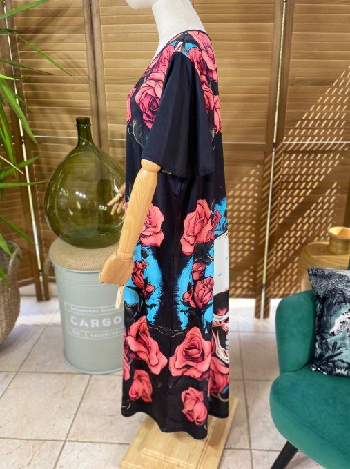 Robe longue noire Mexican Skulls & Roses du 38 au 50 