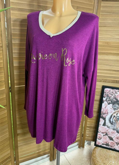 Top ample Aubergine La Vie est Belle doré or du 42 au 52/54  