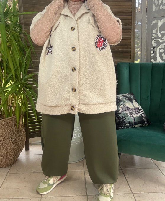 Blouson sans manches crème Patchs Léopard Rolling Stones du 40 au 52 et même +