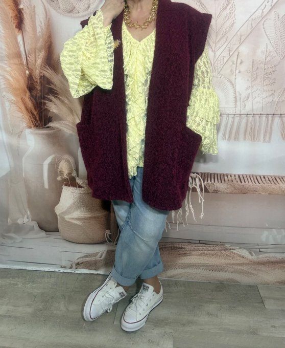 Gilet sans manches Bordeaux chiné  + broche Soleil du 42 au 52/54 et même +