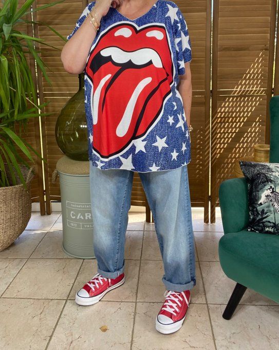 Top fin ample effet jeans délavé & Etoiles The Rolling Stones du 40 au 52  