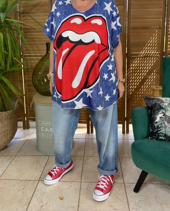 Top fin ample effet jeans délavé & Etoiles The Rolling Stones du 40 au 52  