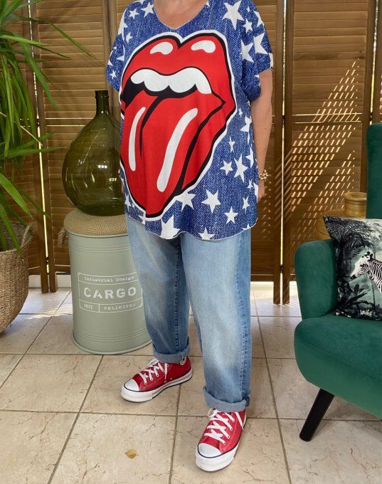 Top fin ample effet jeans délavé & Etoiles The Rolling Stones du 40 au 52  