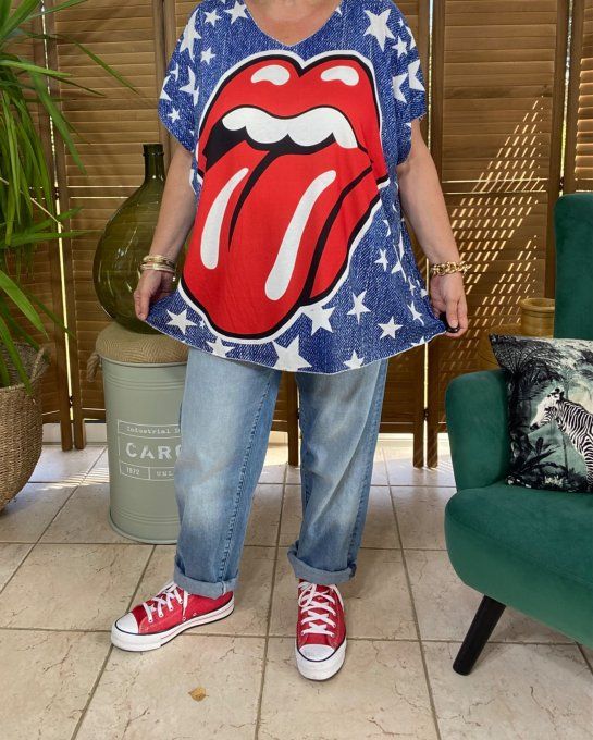 Top fin ample effet jeans délavé & Etoiles The Rolling Stones du 40 au 52  