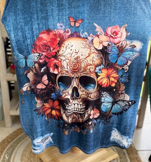 Robe longue effet jeans délavé Mexican Skulls Calaveras du 40 au 50/52