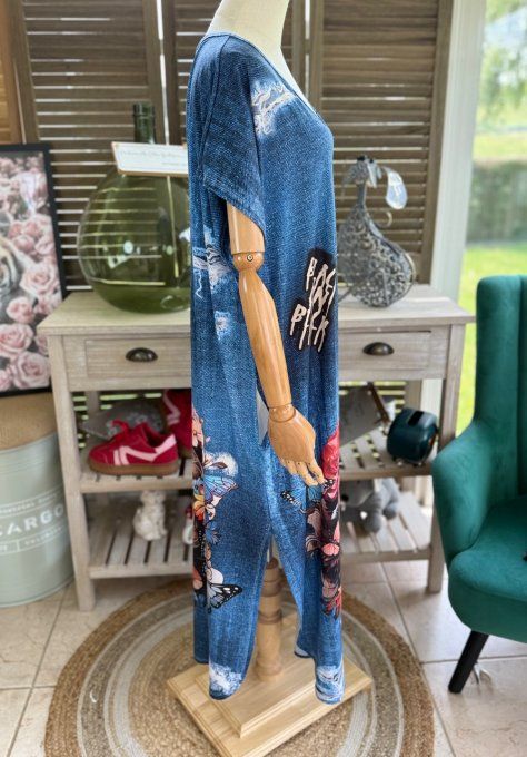 Robe longue effet jeans délavé Mexican Skulls Calaveras du 40 au 50/52