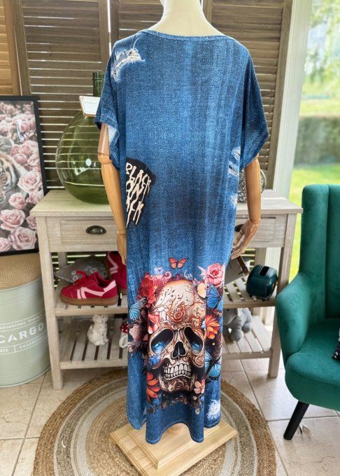 Robe longue effet jeans délavé Mexican Skulls Calaveras du 40 au 50/52