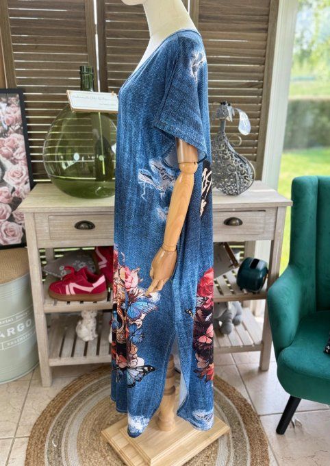 Robe longue effet jeans délavé Mexican Skulls Calaveras du 40 au 50/52