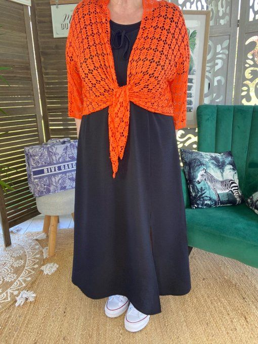 Gilet boléro ample orange crocheté fleurs douceur +++ du 38 au 50/52 