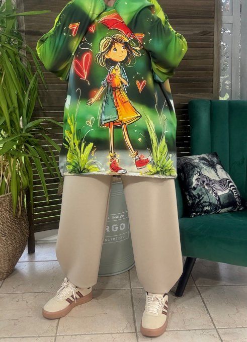 Sweat fin à capuche long vert La Fillette au Parapluie du 40 au 52/54 