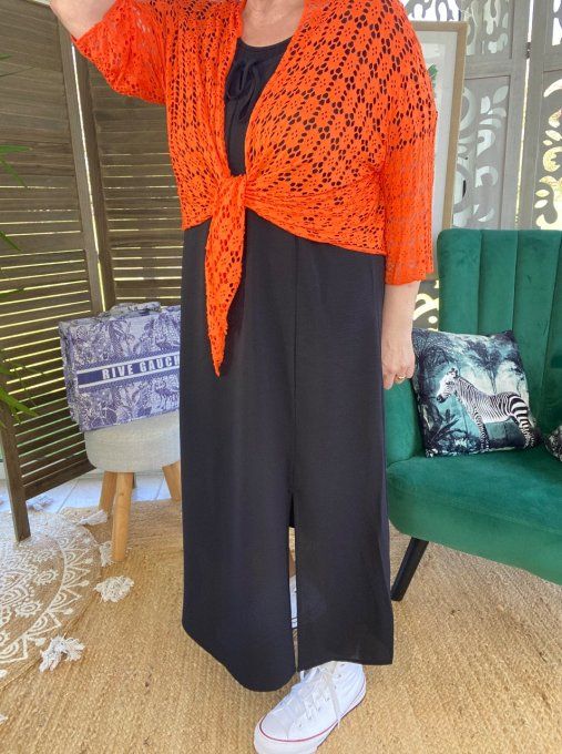 Gilet boléro ample orange crocheté fleurs douceur +++ du 38 au 50/52 