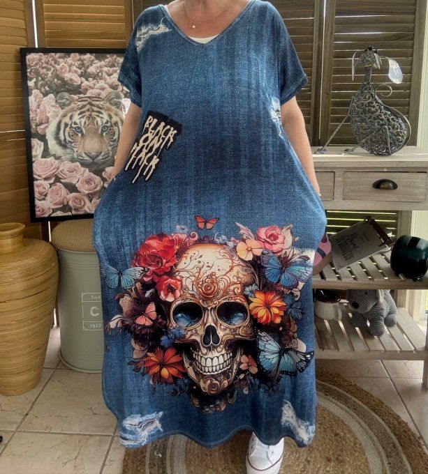 Robe longue effet jeans délavé Mexican Skulls Calaveras du 40 au 50/52