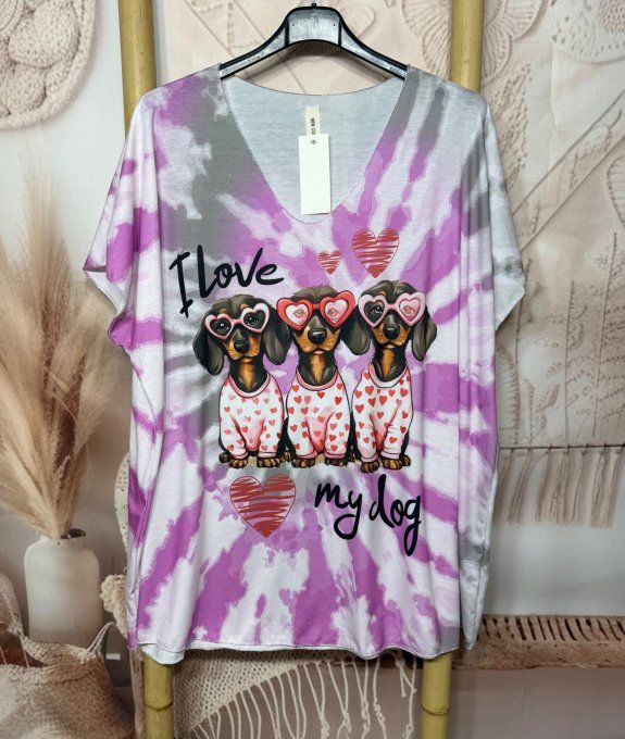 Top fin ample Tie & Dye Violine Gris I love my Dogs Teckels du 42 au 54/56 