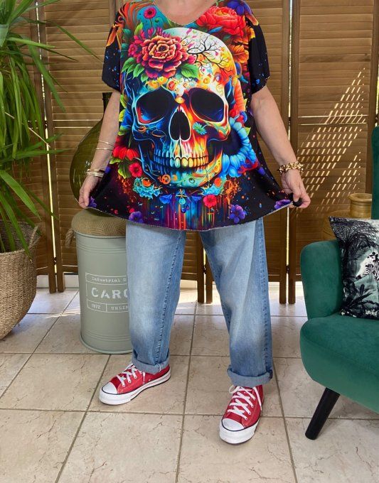 Top fin ample noir Mexican Skulls Calavera & Fleurs multicolores du 40 au 52  