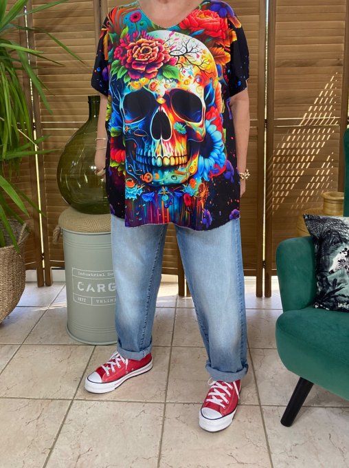 Top fin ample noir Mexican Skulls Calavera & Fleurs multicolores du 40 au 52  