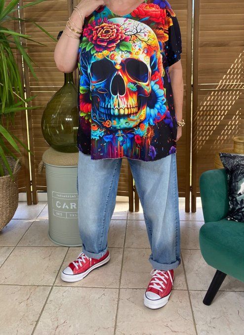 Top fin ample noir Mexican Skulls Calavera & Fleurs multicolores du 40 au 52  