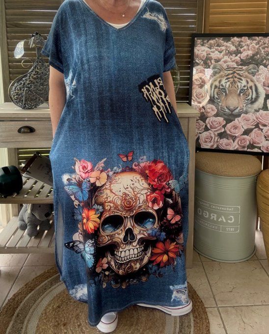 Robe longue effet jeans délavé Mexican Skulls Calaveras du 40 au 50/52