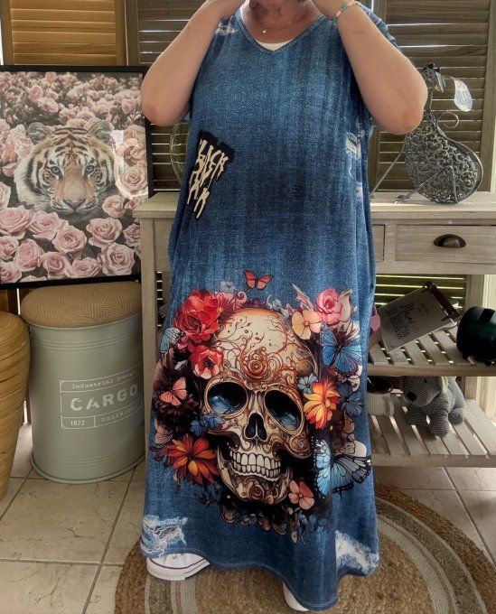 Robe longue effet jeans délavé Mexican Skulls Calaveras du 40 au 50/52