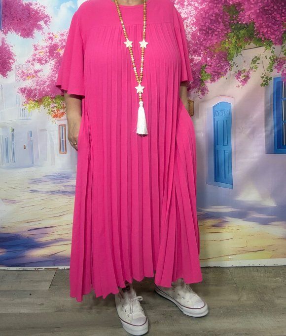 Robe mi-longue plissée Fuschia manches courtes volantées légèreté ++++ du 40 au 52/54 