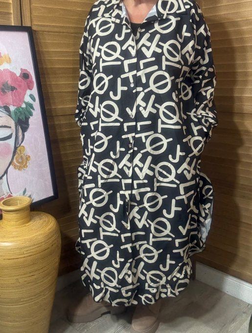 Robe-chemise longue noire volantées Graphiques beige du 40 au 50/52 