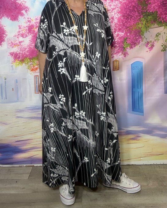 Robe trapèze longue Lycra noire Le Printemps Blanc Fleurs Arbres Feuilles du 42 au 54  