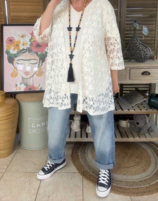 Veste en dentelle blanche étoiles Skulls & Red Roses du 36 au 48 et même +  