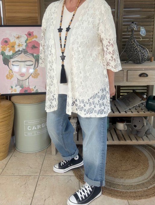 Veste en dentelle blanche étoiles Skulls & Red Roses du 36 au 48 et même +  