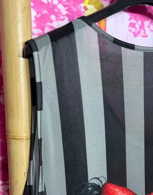Robe trapèze débardeur lycra rayé noir et gris Pretty Skulls Catrina Girl du 38 au 48/50
