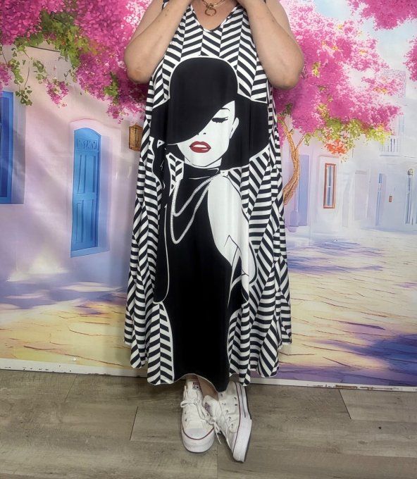 Robe débardeur trapèze longue zébrée noire Femme Art Déco au Chapeau du 42 au 54
