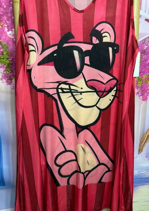 Robe trapèze débardeur lycra rose rayé rouge La Panthère Rose du 38 au 48/50