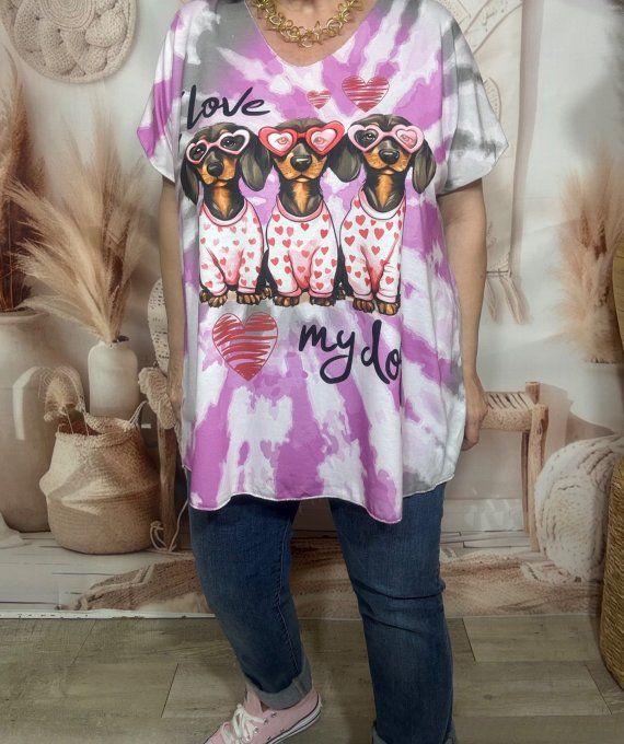 Top fin ample Tie & Dye Violine Gris I love my Dogs Teckels du 42 au 54/56 