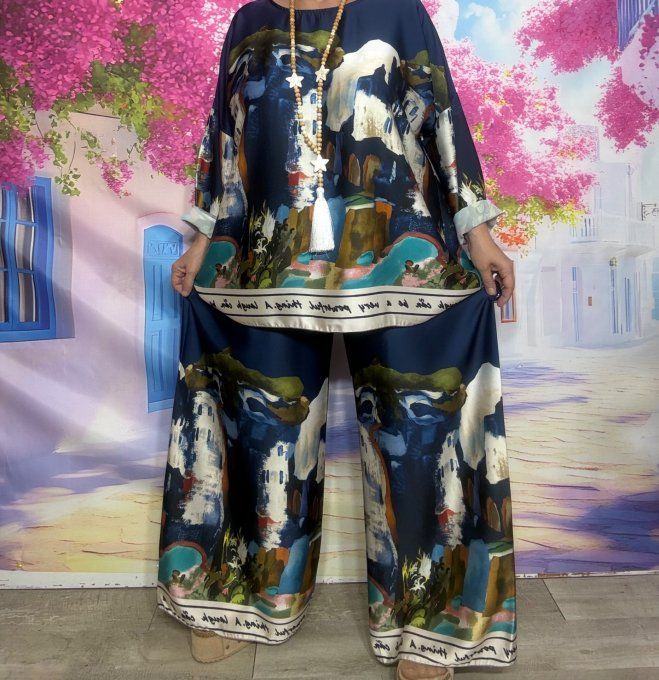 Ensemble tunique + pantalon palazzo cuisses larges satiné marine Gauguin Spirit du 40 au 50/52