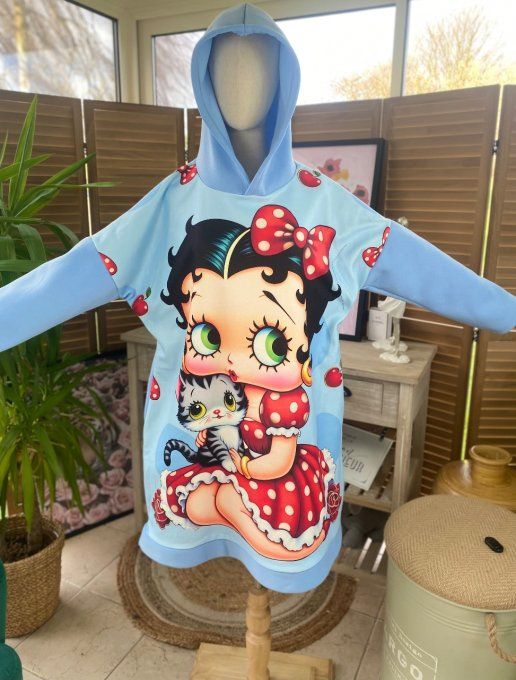 Sweat à capuche long ou robe sweat ciel Betty Boop. & son chat du 40 au 52 