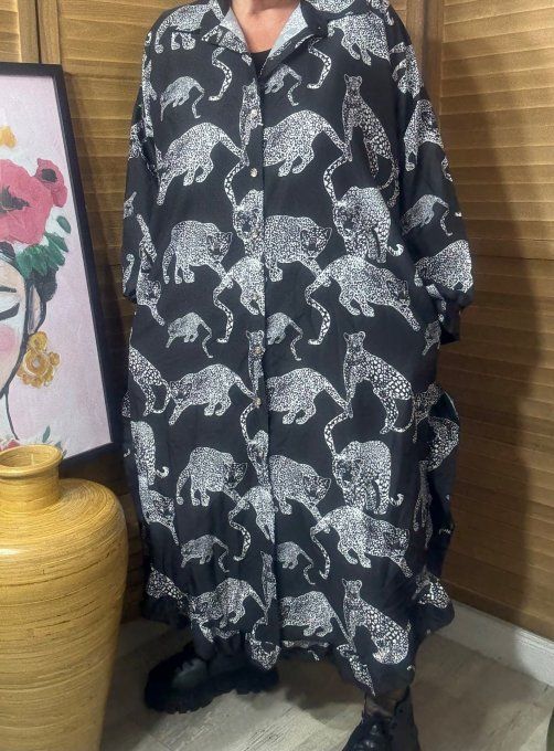 Robe-chemise longue noire volantées Panthères grises du 40 au 50/52 