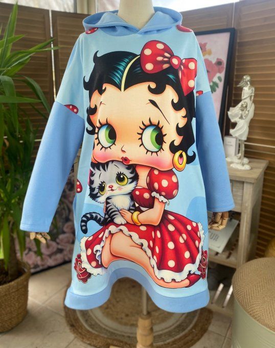Sweat à capuche long ou robe sweat ciel Betty Boop. & son chat du 40 au 52 