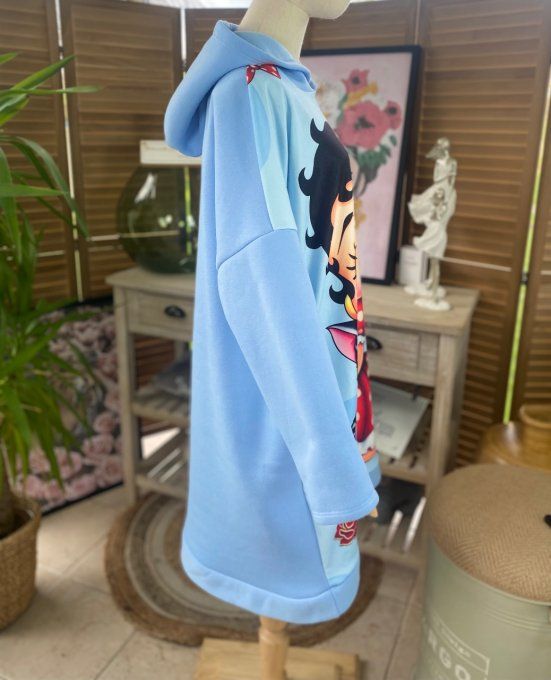 Sweat à capuche long ou robe sweat ciel Betty Boop. & son chat du 40 au 52 
