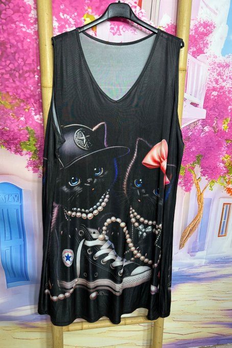 Robe trapèze débardeur lycra noir L'adorable Duo de Chats noirs du 38 au 48/50