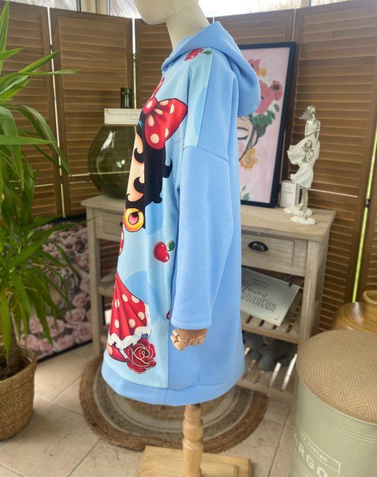 Sweat à capuche long ou robe sweat ciel Betty Boop. & son chat du 40 au 52 