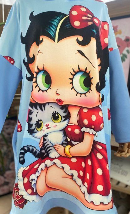 Sweat à capuche long ou robe sweat ciel Betty Boop. & son chat du 40 au 52 